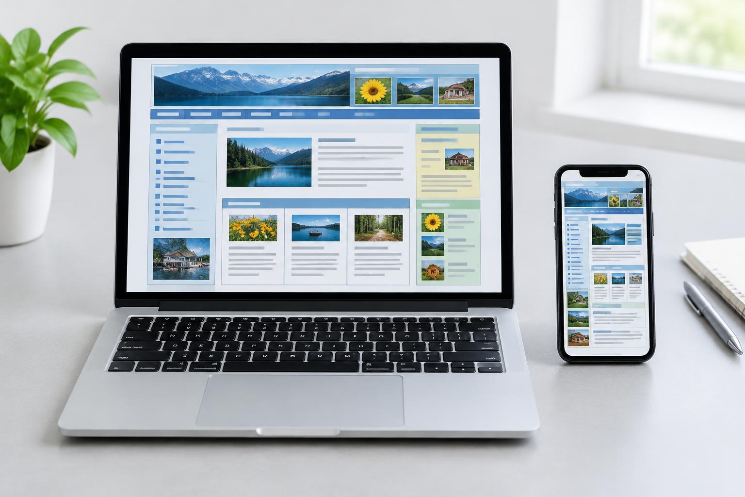 Een gedateerde website op een laptop en telefoon